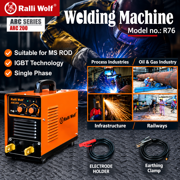 Ralli Wolf R76 ARC 200 200A IGBT inverter welding machine with 220V single-phase input and welding accessories for fabrication and maintenance.