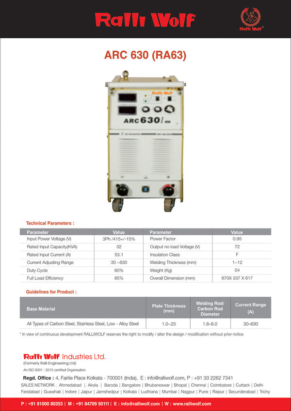 Ralli Wolf RA63 ARC 630 630A heavy-duty IGBT inverter welding machine with adjustable 30–630A output and 415V three-phase power supply for industrial MMA welding.
