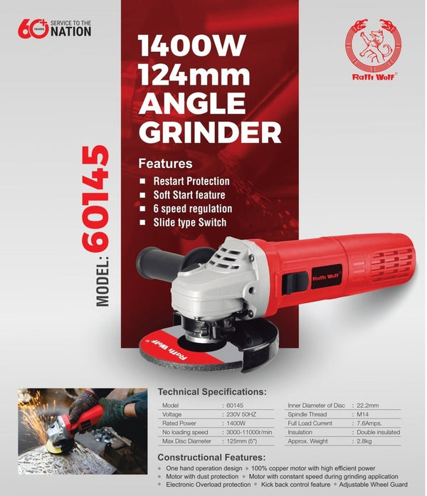 Ralli Wolf 60145 125mm electric angle grinder with 1400W power input for metal grinding and workshop applications.