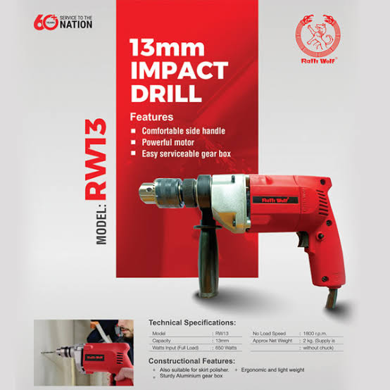Ralli Wolf RID13 13mm 650W Impact Drill for masonry, construction and workshop drilling. Compact corded drill with 13mm capacity.