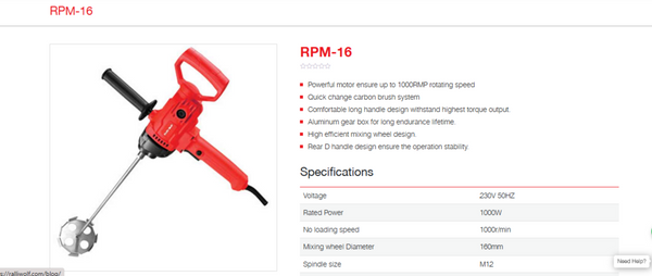 Ralli Wolf RPM16 1000W Paint Mixer with 120mm mixing wheel, 1000 RPM speed and M12 spindle. Ideal for paint, putty, adhesive and construction material mixing.