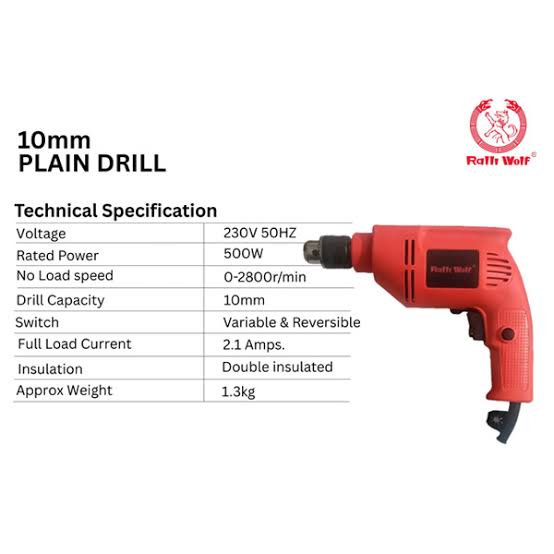 Ralli Wolf RD10 10mm Plain Electric Drill Machine 500W with 0–2800 RPM Variable Speed and Reversible Operation