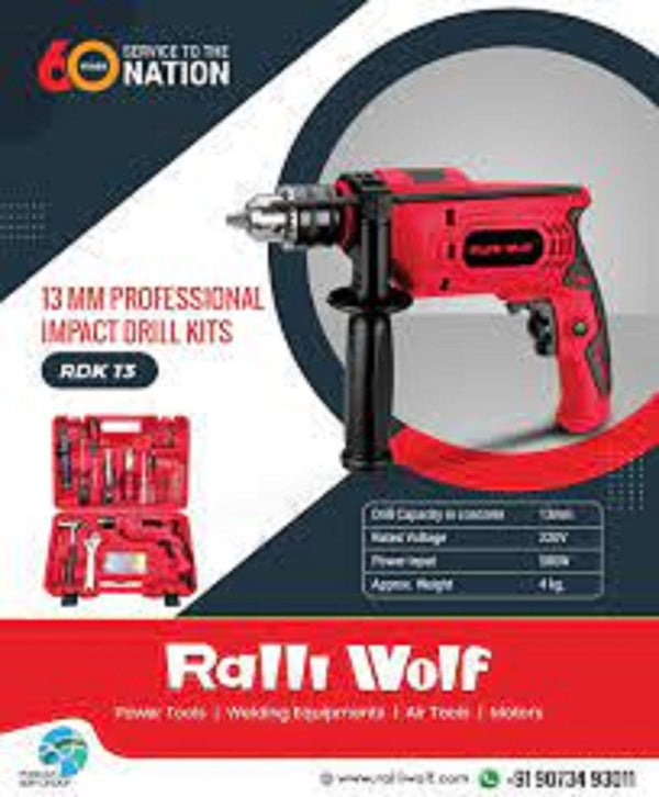 Ralli Wolf RDK13 13mm professional impact drill kit featuring a 500W variable-speed reversible drill, 0–3000 RPM speed, 48000 BPM impact rate, assorted drill bits and hand tools in a carry case.
