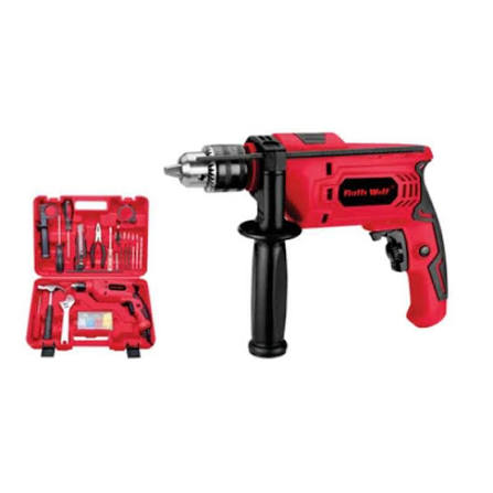Ralli Wolf RDK13 13mm professional impact drill kit featuring a 500W variable-speed reversible drill, 0–3000 RPM speed, 48000 BPM impact rate, assorted drill bits and hand tools in a carry case.