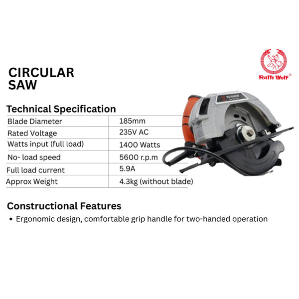 Ralli Wolf RS180 New 185mm Electric Circular Saw 1400W with Double Safety Switch and Protective Blade Guard
