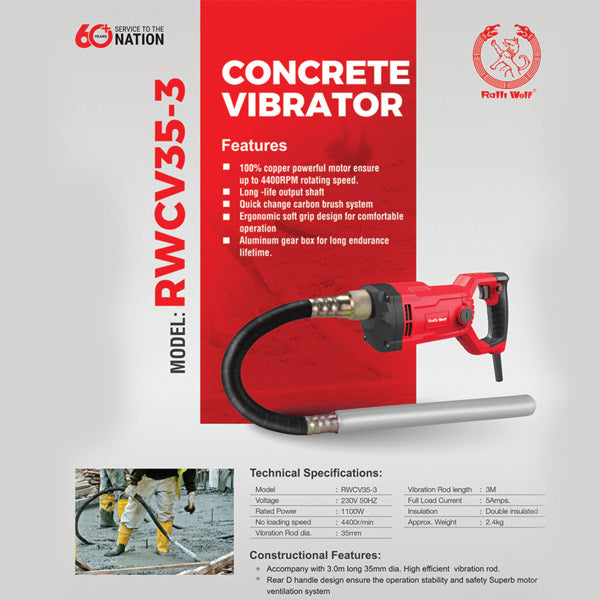 Ralli Wolf RWCV35-3 1100W Concrete Vibrator | 35mm × 3M Vibration Rod | 4400 RPM Heavy-Duty Concrete Compaction Machine