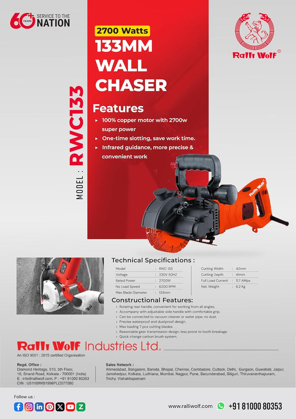 Ralli Wolf RWC133 133mm Wall Chaser Machine 2700W with Infrared Guidance and 42mm Cutting Width