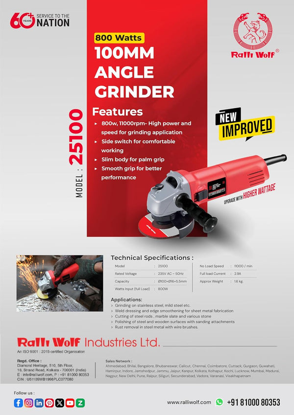 Ralli Wolf 25100 100mm angle grinder with 800W motor, 11000 RPM speed, ergonomic slim body and side switch.