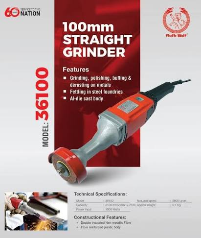 Ralli Wolf 36100 100mm Heavy-Duty Straight Grinder 1000W with 5800 RPM Speed for Metal Grinding, Polishing, Buffing and Derusting