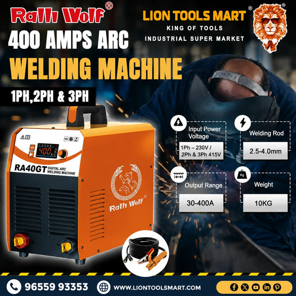 Ralli Wolf RA40GT 400A digital IGBT inverter ARC welding machine with multi-phase input compatibility, VRD safety, and portable design.