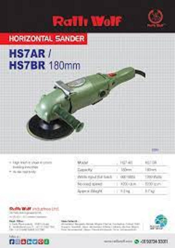 Ralli Wolf HS7AR and HS7BR 180mm heavy-duty horizontal sanders with aluminium die-cast bodies, available in 600W 4200 RPM and 1000W 5200 RPM versions for sheet metal and coach-building finishing.