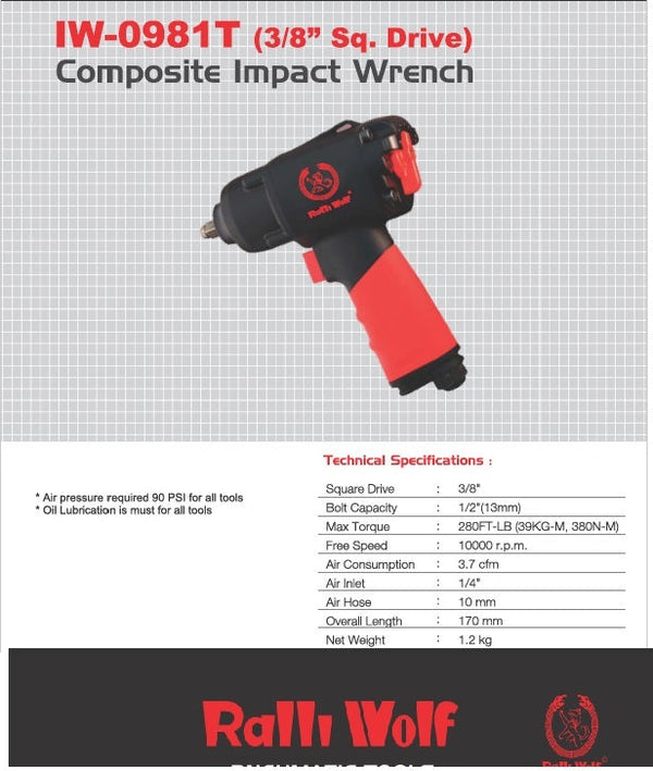 Ralli Wolf IW0981T 3/8-Inch Composite Impact Wrench with Twin Hammer Mechanism and 260 FT-LB Torque Rating.