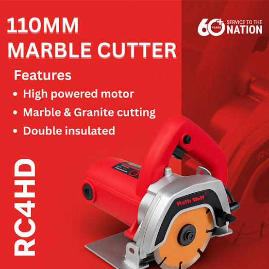 Ralli Wolf RC4HD 110mm 1200W Marble Cutter with 11,000 RPM speed and 34mm cutting depth. Double-insulated machine for marble and granite cutting.