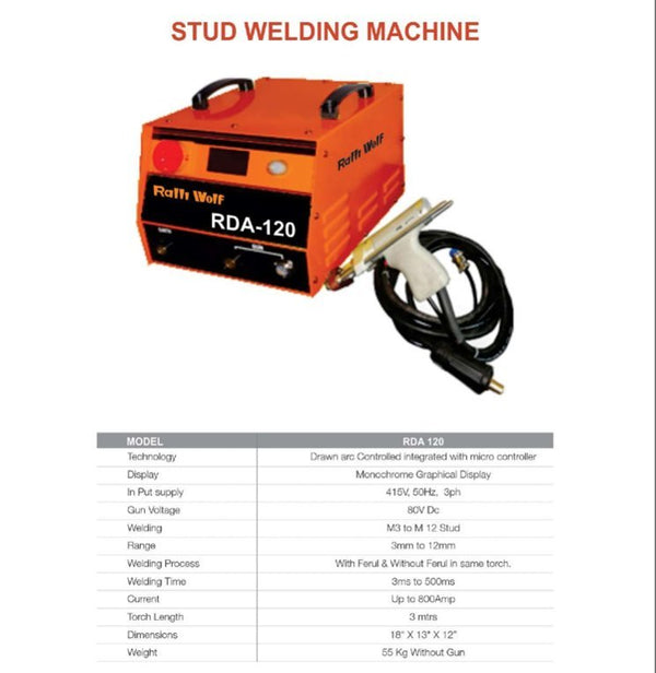A 415 V 3-phase drawn arc stud welding machine for welding threaded studs from M3 to M12 onto steel.