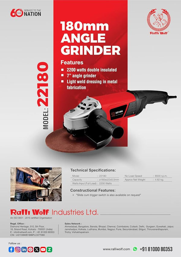 Ralli Wolf RG22-180 180mm heavy-duty angle grinder with 2200W power input, 8400 RPM speed and M14 spindle thread.