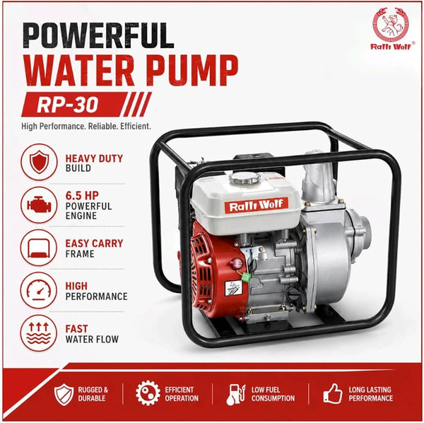Ralli Wolf RP30 3-Inch Petrol Water Pump with 6.5HP 168F Engine and 28-Metre Maximum Head for Agricultural Irrigation and Water Transfer