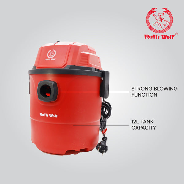 Ralli Wolf RVC-12L 1200W wet and dry vacuum cleaner with 12-litre tank, copper motor, 18 kPa suction power, blowing function and cleaning accessories.