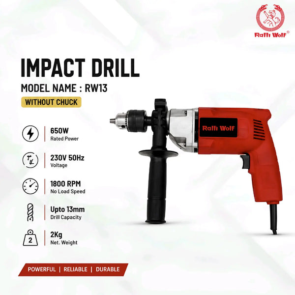 Ralli Wolf RW13 13mm impact drill machine with 650W motor, 1800 RPM no-load speed, sturdy aluminium gear box and ergonomic side handle.