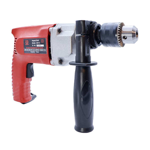 Ralli Wolf RW13 13mm impact drill machine with 650W motor, 1800 RPM no-load speed, sturdy aluminium gear box and ergonomic side handle.