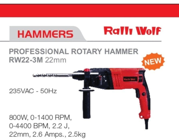 Ralli Wolf RW22-3M 22mm Professional Rotary Hammer Drill | 800W Heavy Duty Electric Hammer | 2.2J Impact Energy | 4400 BPM | Copper Motor