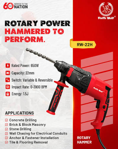 Ralli Wolf RW22-3M 22mm Professional Rotary Hammer Drill | 800W Heavy Duty Electric Hammer | 2.2J Impact Energy | 4400 BPM | Copper Motor