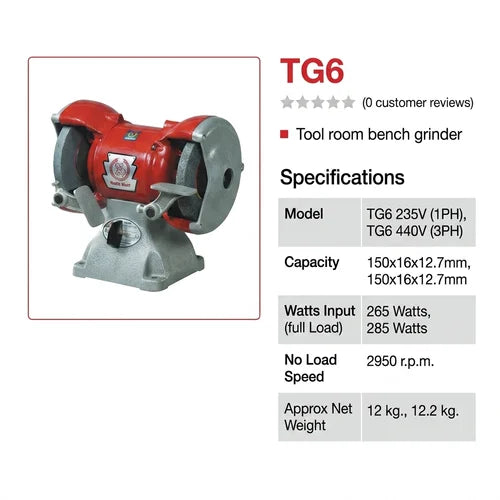 Ralli Wolf TG6 150mm Tool Room Bench Grinder – Single-Phase and Three-Phase Bench Grinding Machine for Metal Sharpening, Tool Maintenance and Industrial Workshop Applications