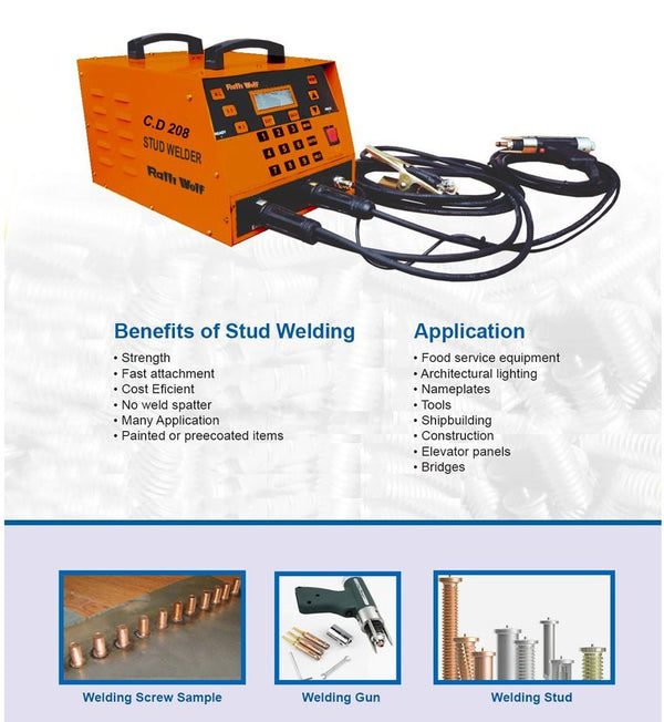 A 230 V single-phase capacitor discharge (CD) stud welding machine for fixing small studs and pins to thin metal.