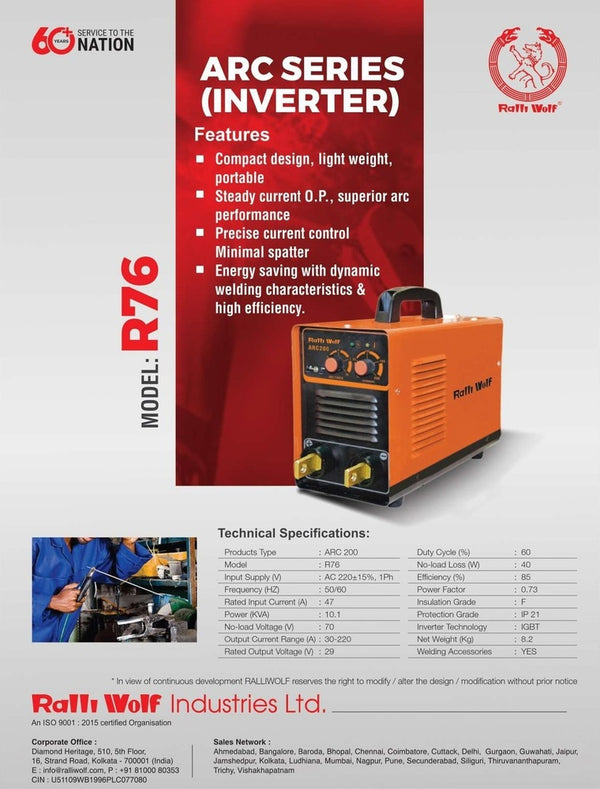 Ralli Wolf R76 ARC 200 200A IGBT inverter welding machine with 220V single-phase input and welding accessories for fabrication and maintenance.