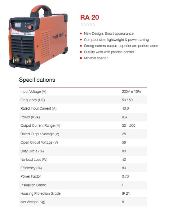 Ralli Wolf RA20 ARC 200 200A MOSFET inverter welding machine with 230V single-phase input for fabrication, workshop welding, and maintenance.