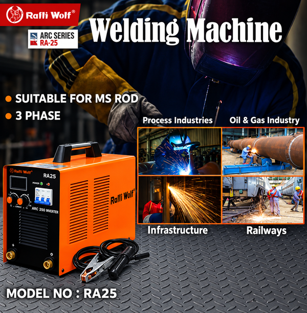 Ralli Wolf RA25 ARC 250 250A MOSFET inverter welding machine with 415V three-phase input for industrial fabrication and maintenance work.