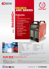 Ralli Wolf RA40HD+ ARC 400HD+ 400A IGBT industrial inverter welding machine with 415V three-phase input, Arc Force, Hot Start, and VRD safety features.