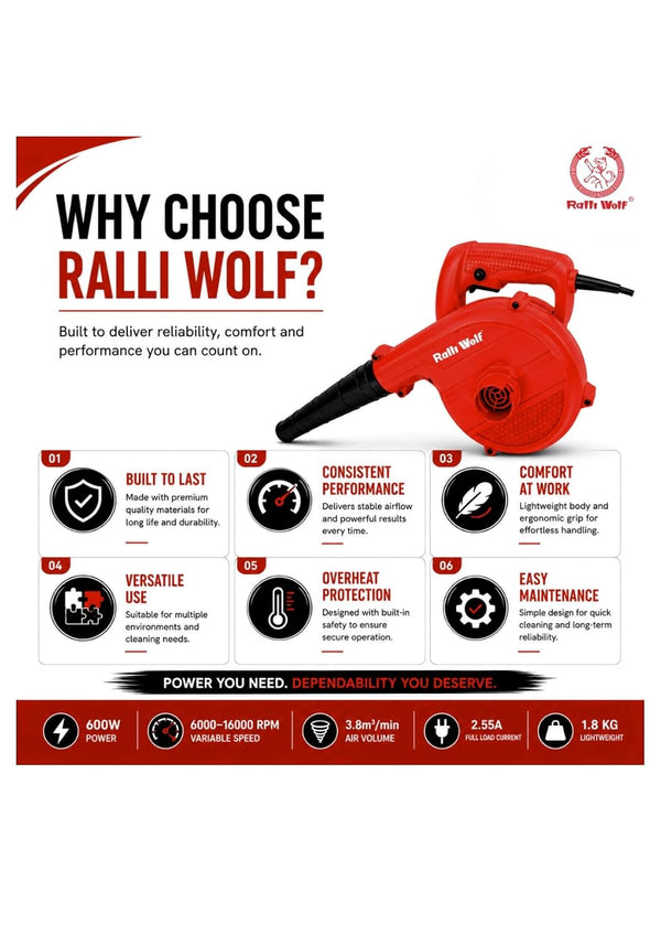 Ralli Wolf RB50-S 600W Electric Blower with 16000 RPM speed, 3.8 m³/min air volume and blowing & suction functions. Ideal for workshop and industrial cleaning.