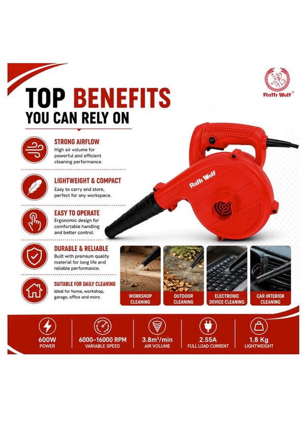 Ralli Wolf RB50-S 600W Electric Blower with 16000 RPM speed, 3.8 m³/min air volume and blowing & suction functions. Ideal for workshop and industrial cleaning.