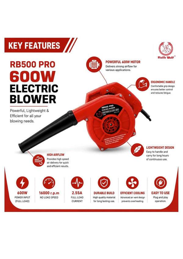 Ralli Wolf RB500 PRO 600W Electric Blower with 3.8 m³/min airflow, 16000 RPM speed and dual blowing & suction functions. Ideal for workshop and equipment cleaning.