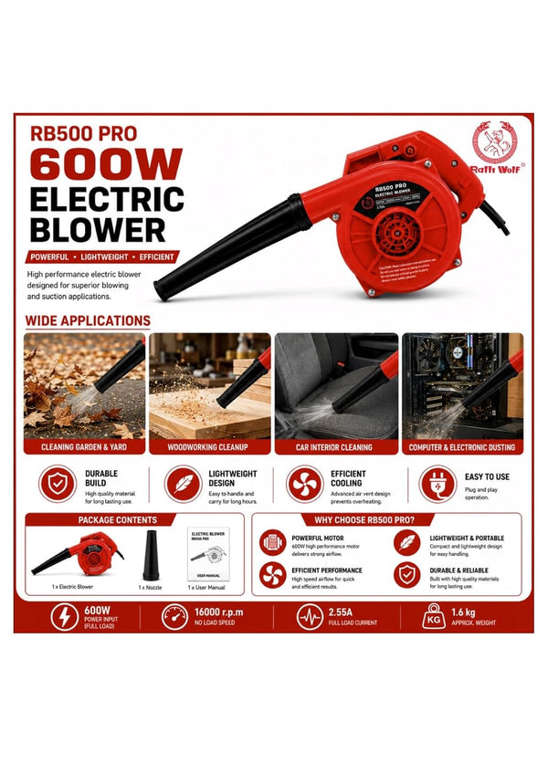 Ralli Wolf RB500 PRO 600W Electric Blower with 3.8 m³/min airflow, 16000 RPM speed and dual blowing & suction functions. Ideal for workshop and equipment cleaning.