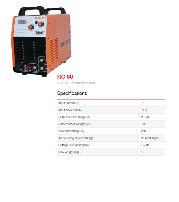 Ralli Wolf RC80 CUT80 80A IGBT air plasma cutting machine with pilot arc technology, CNC interface support and 250A MMA welding facility, 415V three-phase.