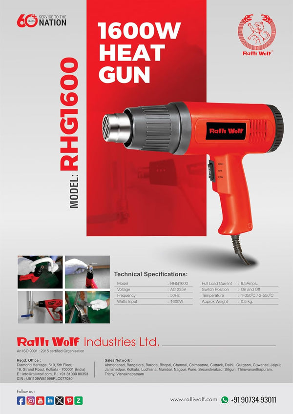 Ralli Wolf RHG1600 1600W Electric Heat Gun | Dual Temperature Settings 350°C & 550°C | Industrial Hot Air Gun