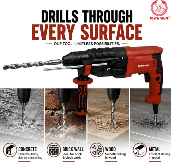 Ralli Wolf RW22RH 650W Professional Rotary Hammer Drill, 22mm Drilling Capacity with Variable Speed for Concrete, Masonry, Construction and Installation Applications