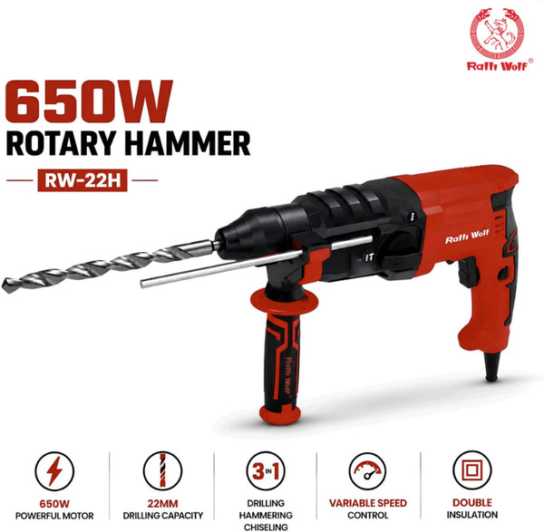 Ralli Wolf RW22RH 650W Professional Rotary Hammer Drill, 22mm Drilling Capacity with Variable Speed for Concrete, Masonry, Construction and Installation Applications