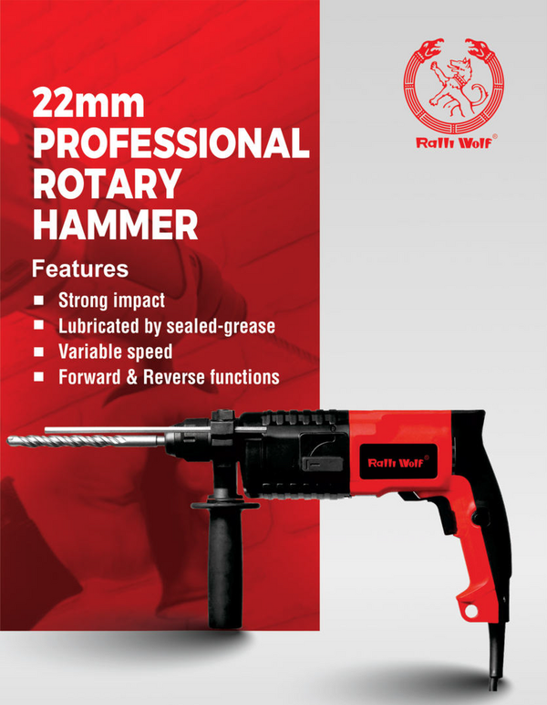 Ralli Wolf RW22RH 650W Professional Rotary Hammer Drill, 22mm Drilling Capacity with Variable Speed for Concrete, Masonry, Construction and Installation Applications