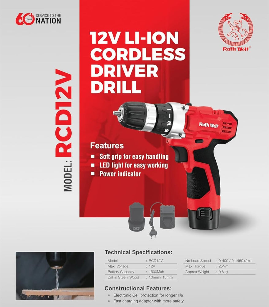 Ralliwolf 10mm 12V Cordless Drill RCD12V | 10mm Drill Driver with 25Nm Torque, 2-Speed Gearbox, Li-Ion Battery, LED Light for Wood, Steel, Furniture & Workshop Applications