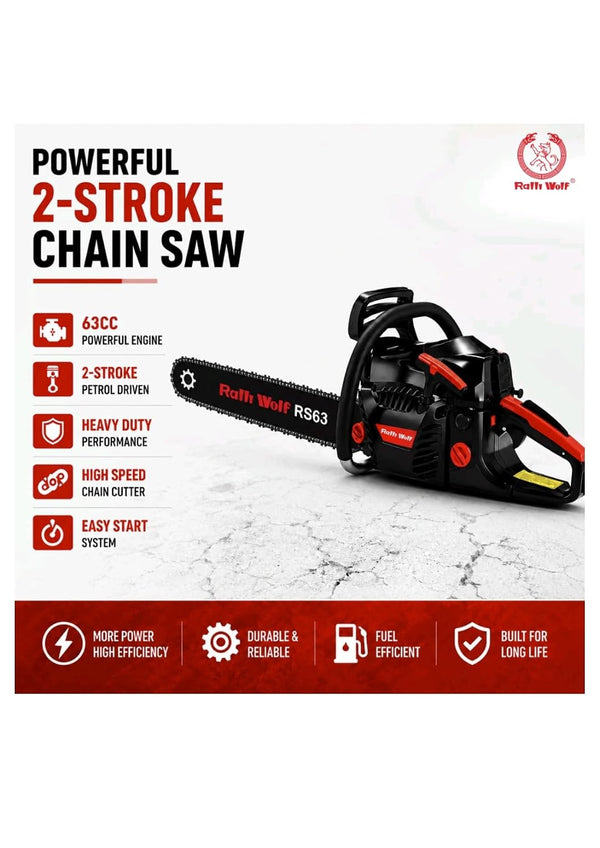 Ralliwolf, Ralli Wolf RS63-20, RS63-20, 63CC Chain Saw, 20Inch Chain Saw, Gasoline Chain Saw, Petrol Chain Saw, Gas Powered Chain Saw, Tree Cutting Machine, Tree Felling Machine, Firewood Cutting Machine, Timber Cutting Machine, Log Cutting Machine, Forestry Chain Saw, Agricultural Chain Saw, Garden Chain Saw, Farm Chain Saw, 2-Stroke Chain Saw, 63CC Petrol Chain Saw, 2.9kW Chain Saw, 0.325 Inch Chain Saw, 20 Inch Petrol Saw, Heavy Duty Chain Saw, Professional Chain Saw, Wood Cutting Machine, Branch Cutting