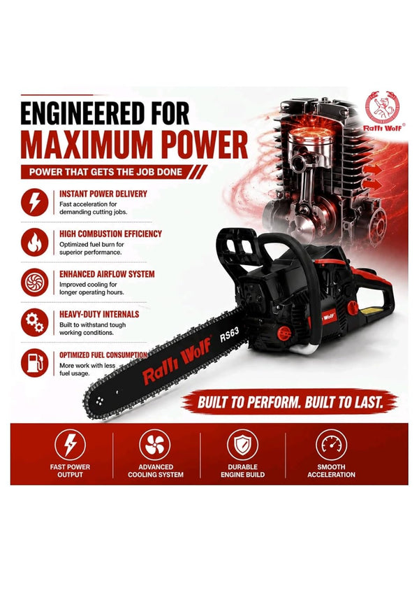Ralliwolf, Ralli Wolf RS63-20, RS63-20, 63CC Chain Saw, 20Inch Chain Saw, Gasoline Chain Saw, Petrol Chain Saw, Gas Powered Chain Saw, Tree Cutting Machine, Tree Felling Machine, Firewood Cutting Machine, Timber Cutting Machine, Log Cutting Machine, Forestry Chain Saw, Agricultural Chain Saw, Garden Chain Saw, Farm Chain Saw, 2-Stroke Chain Saw, 63CC Petrol Chain Saw, 2.9kW Chain Saw, 0.325 Inch Chain Saw, 20 Inch Petrol Saw, Heavy Duty Chain Saw, Professional Chain Saw, Wood Cutting Machine, Branch Cutting