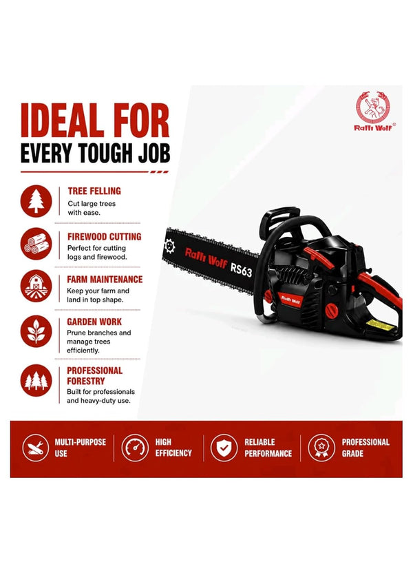 Ralliwolf, Ralli Wolf RS63-20, RS63-20, 63CC Chain Saw, 20Inch Chain Saw, Gasoline Chain Saw, Petrol Chain Saw, Gas Powered Chain Saw, Tree Cutting Machine, Tree Felling Machine, Firewood Cutting Machine, Timber Cutting Machine, Log Cutting Machine, Forestry Chain Saw, Agricultural Chain Saw, Garden Chain Saw, Farm Chain Saw, 2-Stroke Chain Saw, 63CC Petrol Chain Saw, 2.9kW Chain Saw, 0.325 Inch Chain Saw, 20 Inch Petrol Saw, Heavy Duty Chain Saw, Professional Chain Saw, Wood Cutting Machine, Branch Cutting