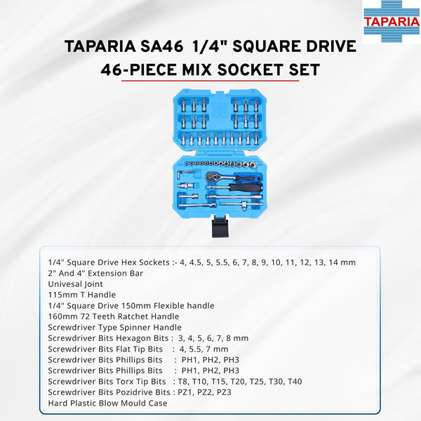 Taparia 46Pcs 1/4Inch Socket Set in Blow Moulding Box | Professional Tool Kit