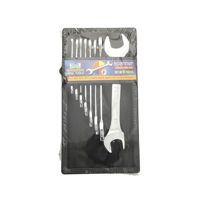 TATA SPD015 Double Open Ended Spanner Set 8 Pcs | Plastic Rack Packing | Chrome Finished Professional Spanner Set