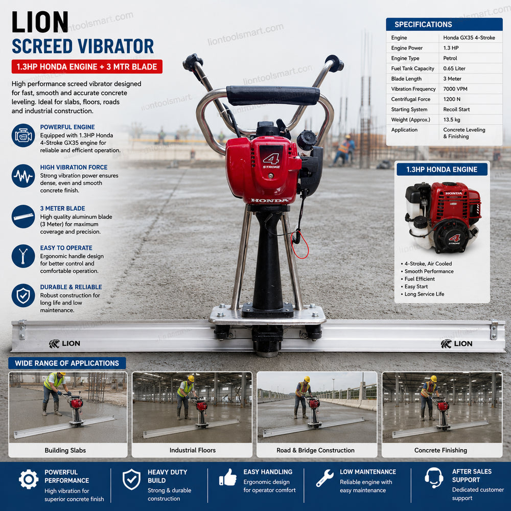 Lion Screed Vibrator with 1.3HP Honda Engine + 3 Mtr Blade | Concrete Levelling & Finishing Machine