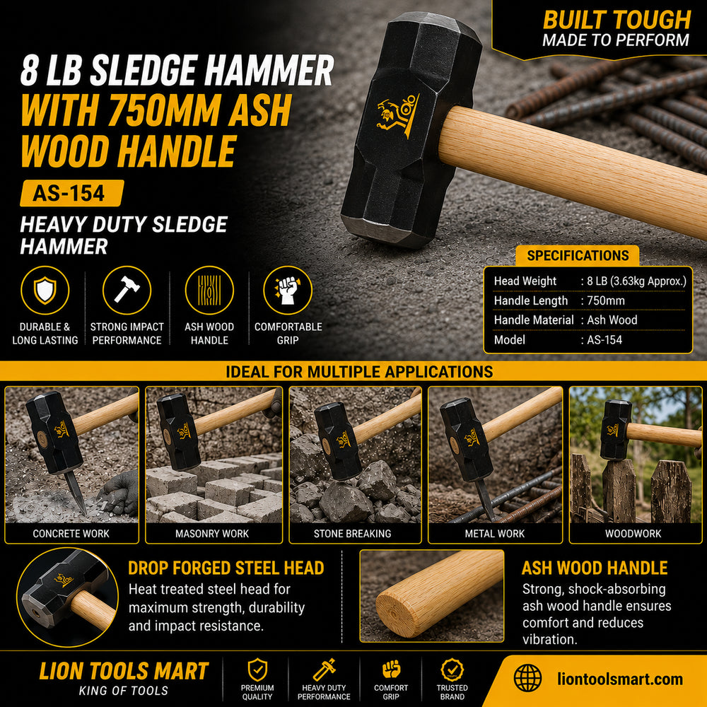 AS 8 LB Sledge Hammer with 750mm Ash Wood Handle AS-154 | Heavy Duty Long Handle Sledge Hammer