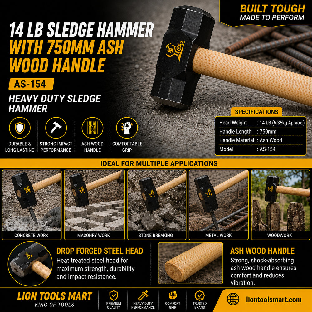 AS 14 LB Sledge Hammer with 750mm Ash Wood Handle AS-154 | Heavy Duty Long Handle Sledge Hammer