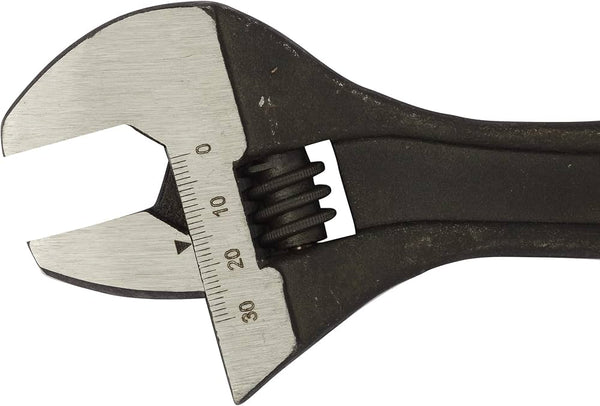 Stanley STMT74895-8 10 Inch (250mm) Adjustable Wrench with forged Chrome Vanadium steel, black phosphate finish, laser-etched jaw scale, and built-in tension spring. Ideal for plumbing, automotive repair, workshops, and industrial maintenance.